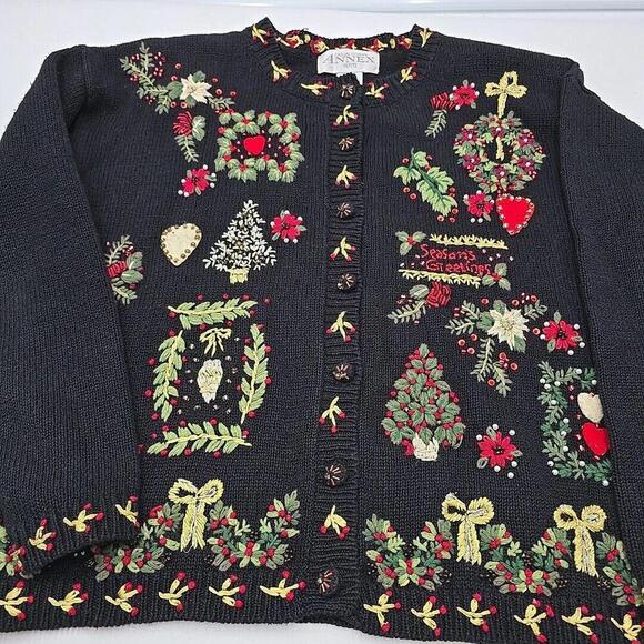 Casual Corner Ugly Christmas Embroidered Beaded Button Up Cardigan Sweater PS - Picture 7 of 16